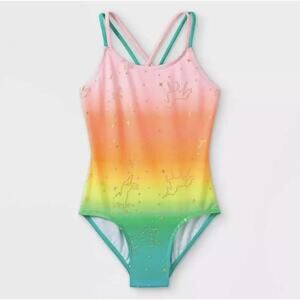Cat & Jack Rainbow Ombre Unicorn Stars Strappy One Piece Swimsuit Size L 10/12
